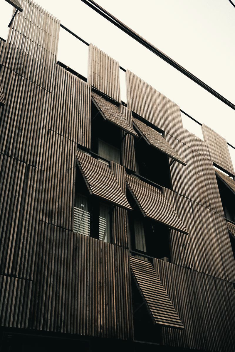 The slatted teak façade